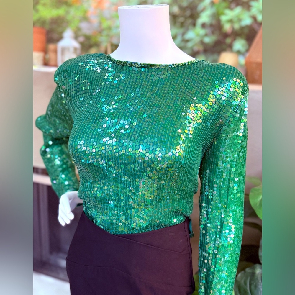 Vintage OR Silk Sequin Long Sleeve Emerald Green Dressy Top New Years Top Christ